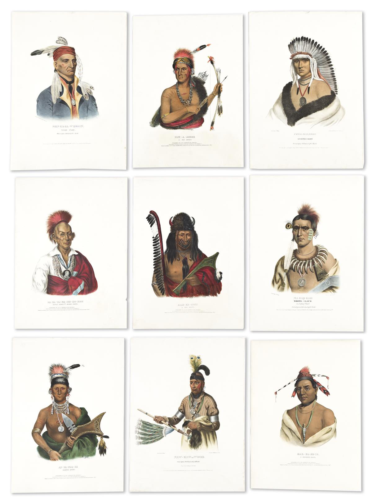 (NATIVE AMERICANS.) Thomas McKenney; and James Hall. Group of 9 hand-colored lithographed plates from the folio edition of